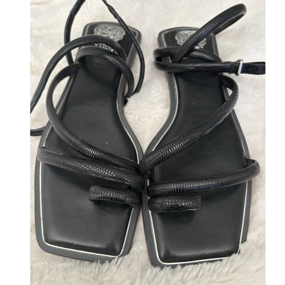 Vince Camuto Pertema Black Snake Print Ankle Strap Sandal Flats Size 9.5  new